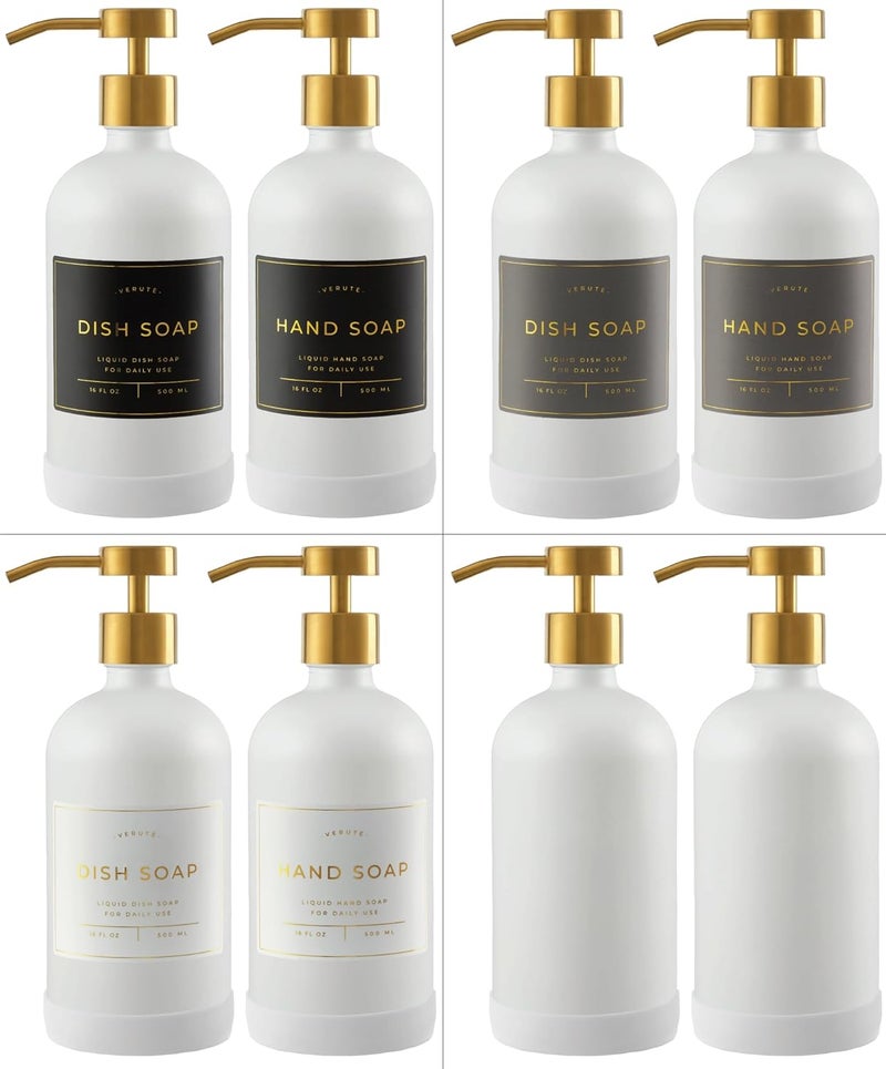 Verute Hand and Dish Soap Dispenser for Kitchen and Bathroom, Set of 2 16 Oz Glass Bottles, Stainless Steel Pumps, Non-Slip Silicone Base, 27 Waterproof Labels (Matte White Bottle/Brushed Gold Pump) - Image 5